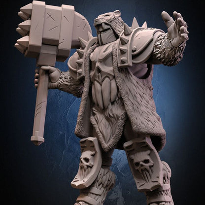 The Hammer Balbars resin miniature – armored warrior in bear pelt cloak with massive spiked hammer, skull-engraved armor plates.