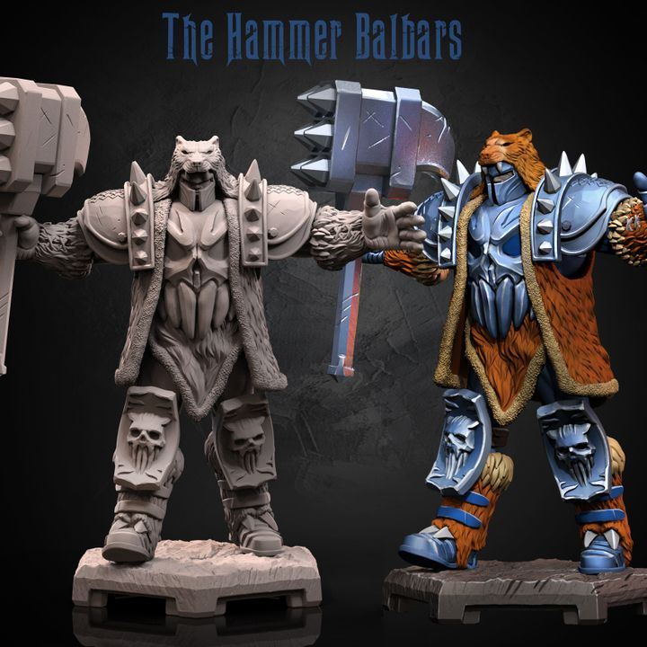 The Hammer Balbars resin miniature – armored warrior in bear pelt cloak with massive spiked hammer, skull-engraved armor plates.