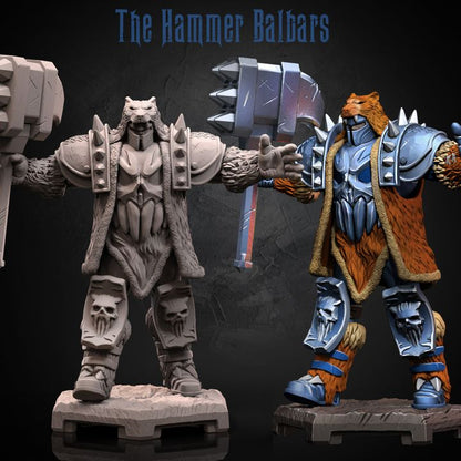 The Hammer Balbars resin miniature – armored warrior in bear pelt cloak with massive spiked hammer, skull-engraved armor plates.