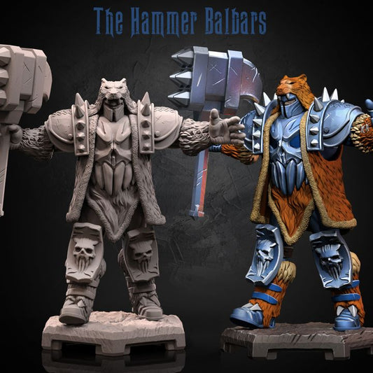 The Hammer Balbars resin miniature – armored warrior in bear pelt cloak with massive spiked hammer, skull-engraved armor plates.