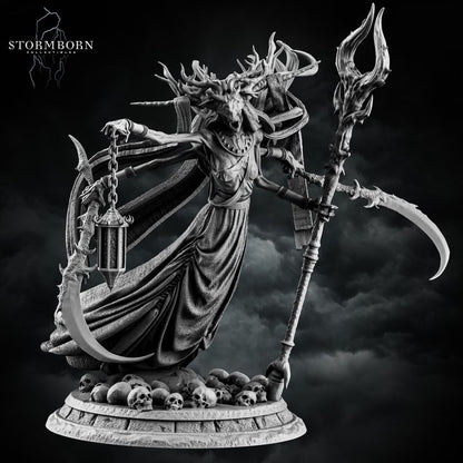 Banshee Queen resin miniature front view holding scythe and lantern on skull base