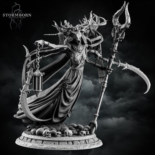 Banshee Queen resin miniature front view holding scythe and lantern on skull base