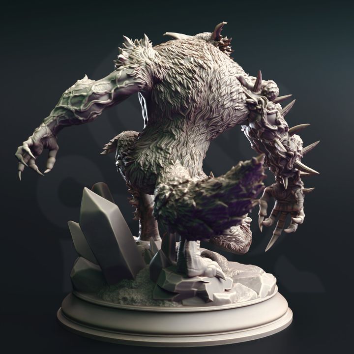 Bloodclaw Abominable Werewolf large sized resin miniature with spiked arm and feral snarl on a rocky base, perfect for TTRPG boss encounters.