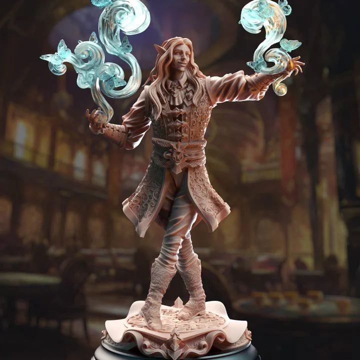 Thalorad Goldhand elven sorcerer miniature with spell effects