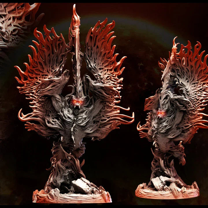 Blazing Girallon posed mid-roar with wings spread wide and sword drawn, standing atop a cracked stone base