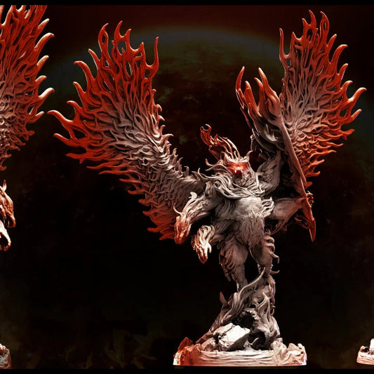Dual Blazing Girallons miniatures with flaming wings raised high, roaring with fiery red eyes, set on rocky bases