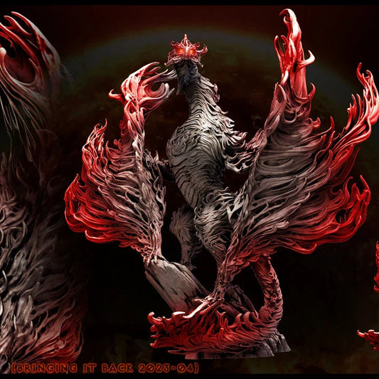 Everburn Serpent miniature in Pose 2 with flame-swept wings and glowing eyes, rising from jagged terrain with intense red highlights