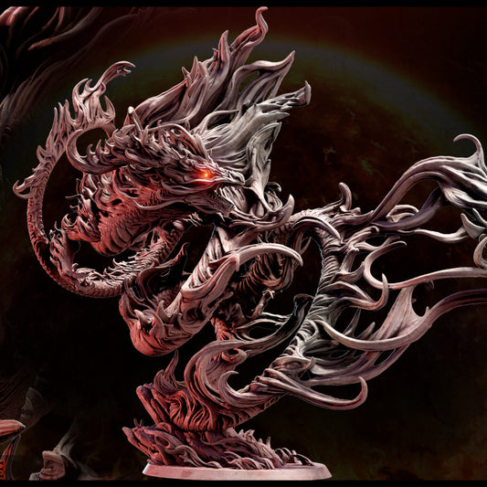 3D printed Infernal Essence resin miniature with flaming serpentine design from the Inferno: All Shall Burn series