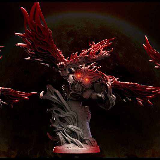 Miniature owl warrior with flaming wings raised and glowing red eyes, perched atop ruins