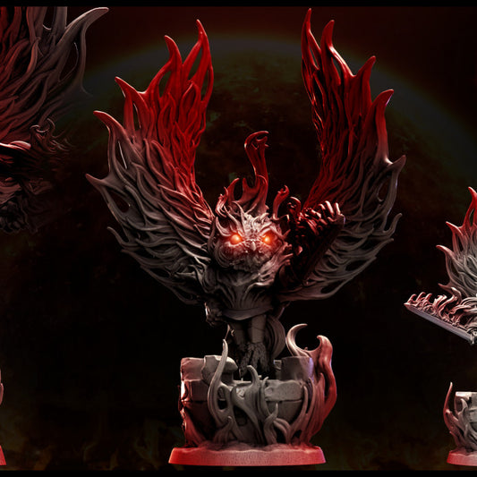Flaming owl figure in mid-flight with raised sword and extended wings, on rocky base