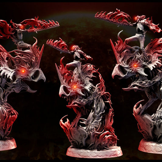 Undead rider Morty brandishing a flaming sword atop a horned Necratops engulfed in swirling fire and smoke