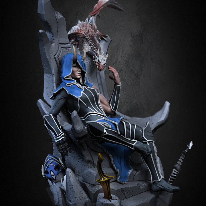 Mowts Tamashii Clan Leader resin miniature seated on a stone throne with drake companion – available in 32mm and 75mm scales from D&K Custom Prints.