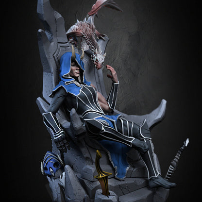 Mowts Tamashii Clan Leader resin miniature seated on a stone throne with drake companion – available in 32mm and 75mm scales from D&K Custom Prints.