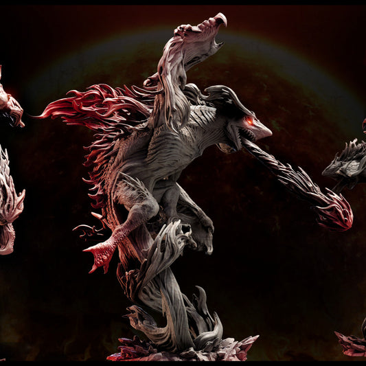 Fiery elemental creature mid-leap with molten claws and glowing eyes, from the Inferno: All Shall Burn miniature series.