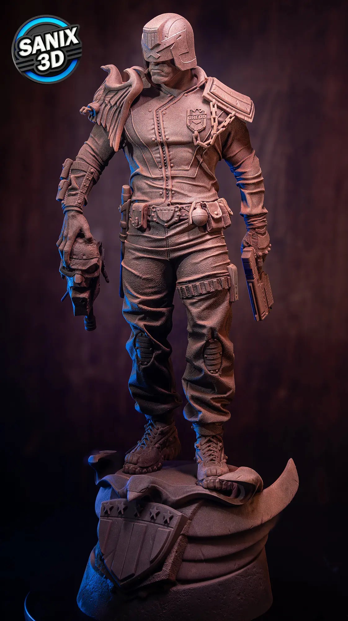 Judge Dredd resin statue side view with pistol