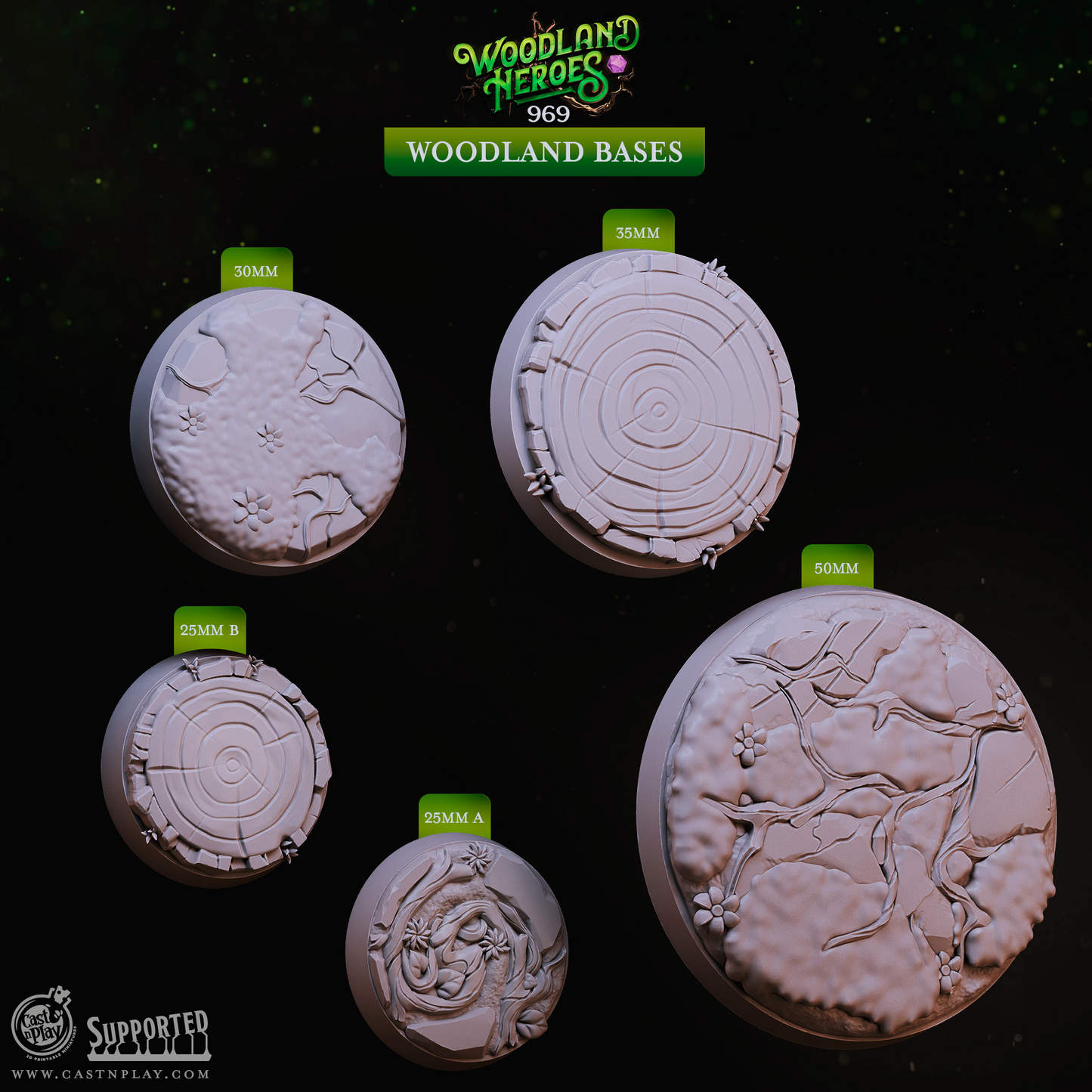 Woodland scenic resin bases in multiple sizes with forest and nature themed textures