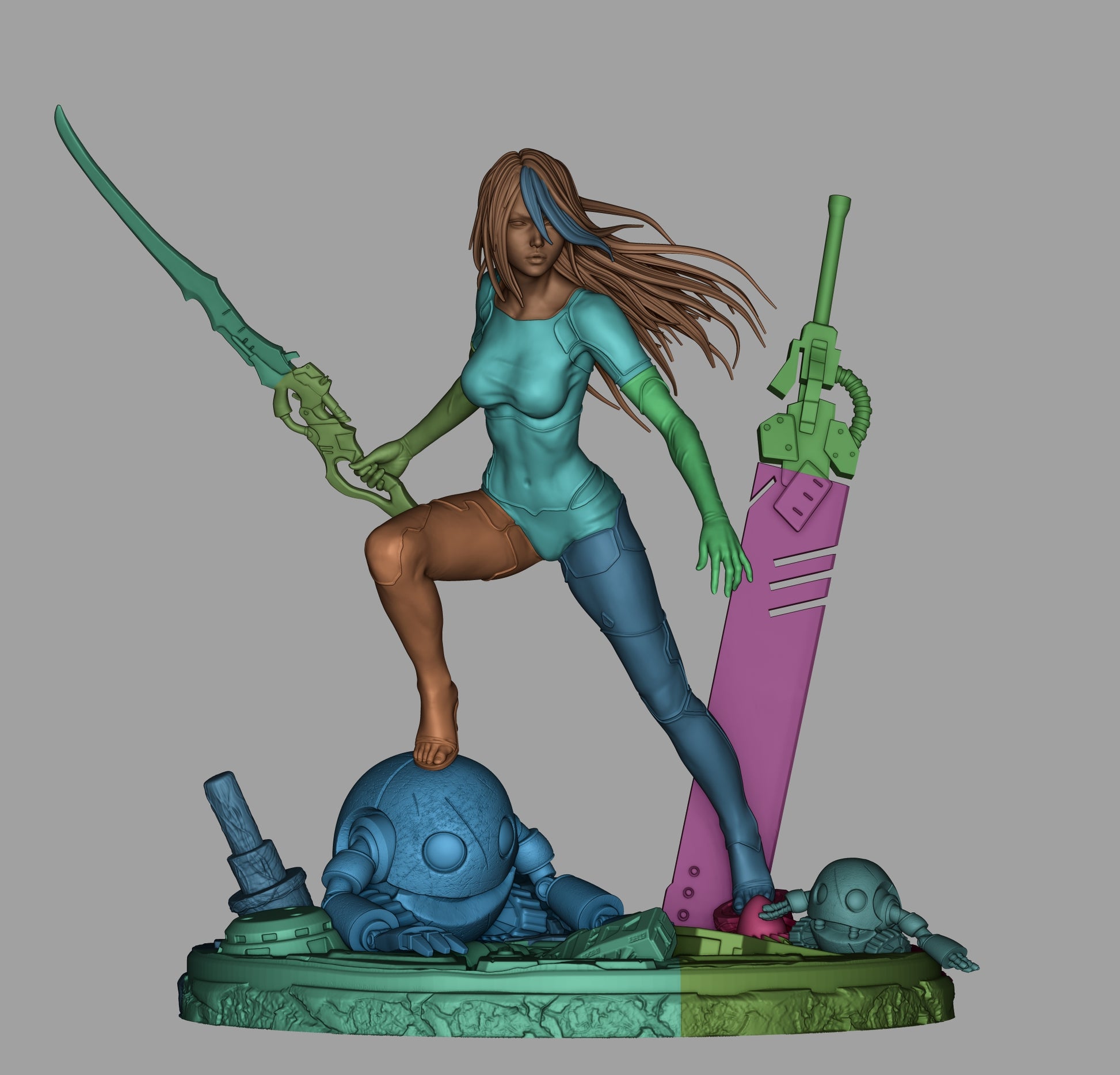 Resin fan art statue and bust of post-apocalyptic android warrior with sword, dynamic battle base, and sci-fi machine details
