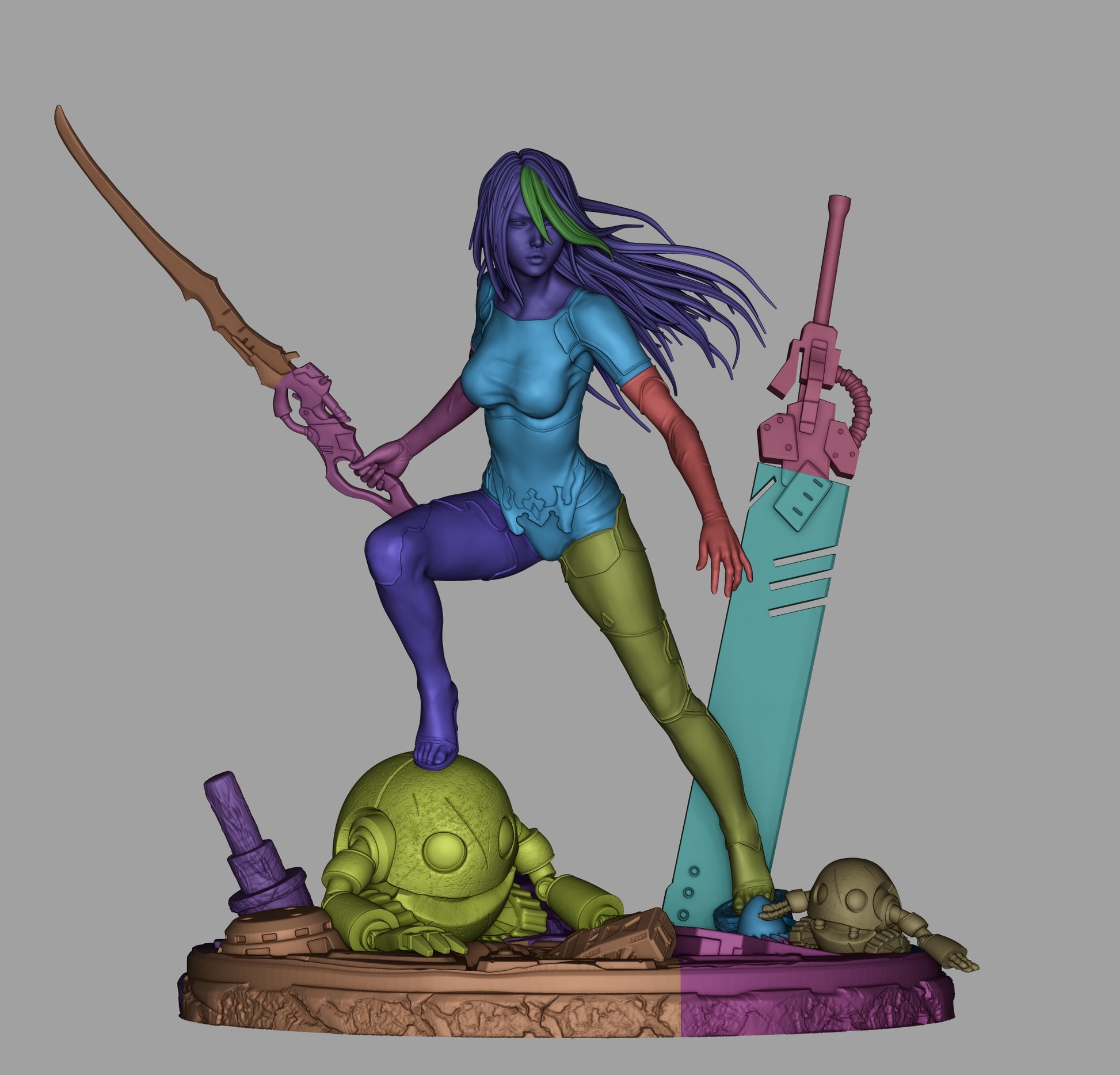Resin fan art statue and bust of post-apocalyptic android warrior with sword, dynamic battle base, and sci-fi machine details
