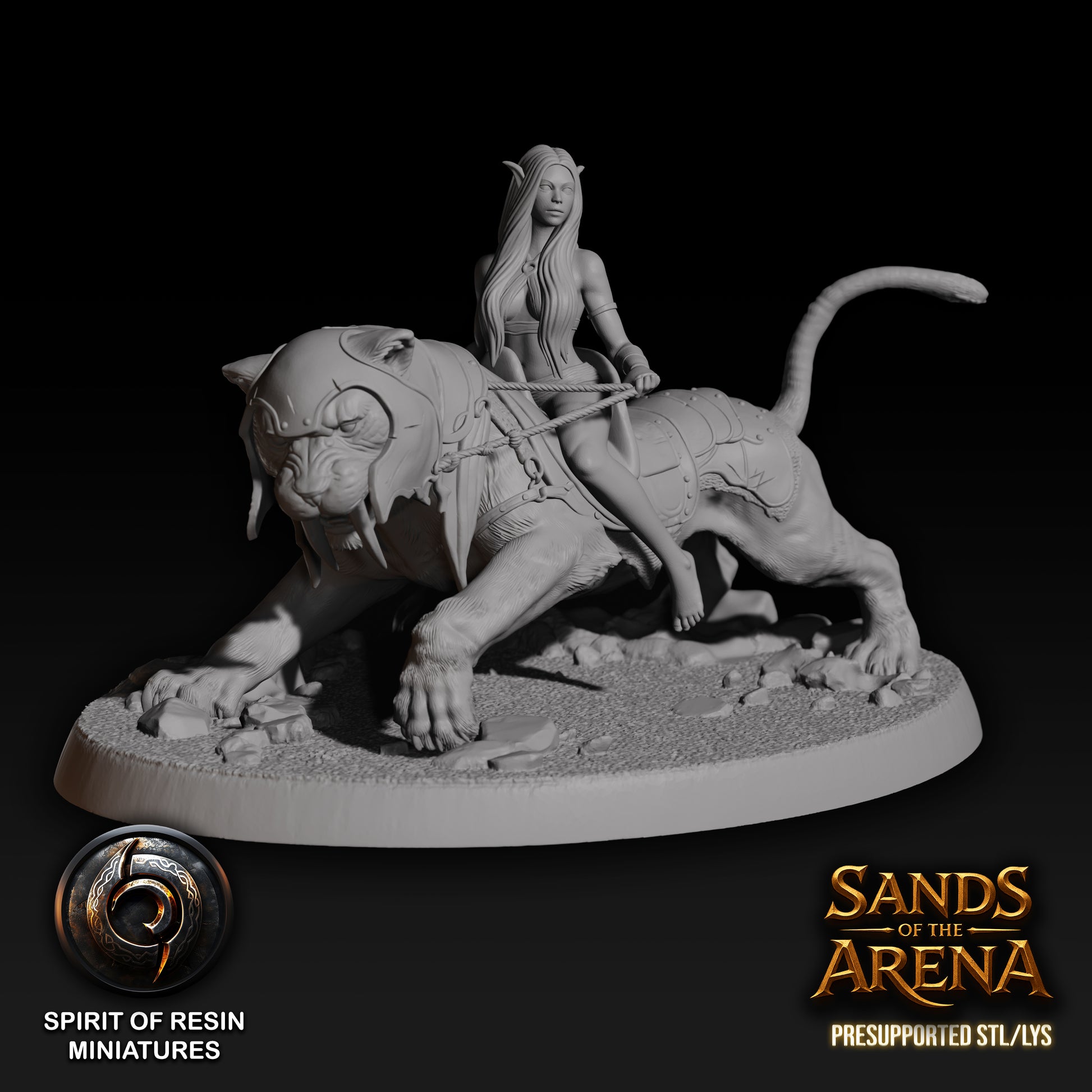 3D render of Aglaia, Lion Charmer, a bareback-riding elf on a large, armored sabertooth tiger. Part of Spirit of Resin Miniatures' Sands of the Arena set.