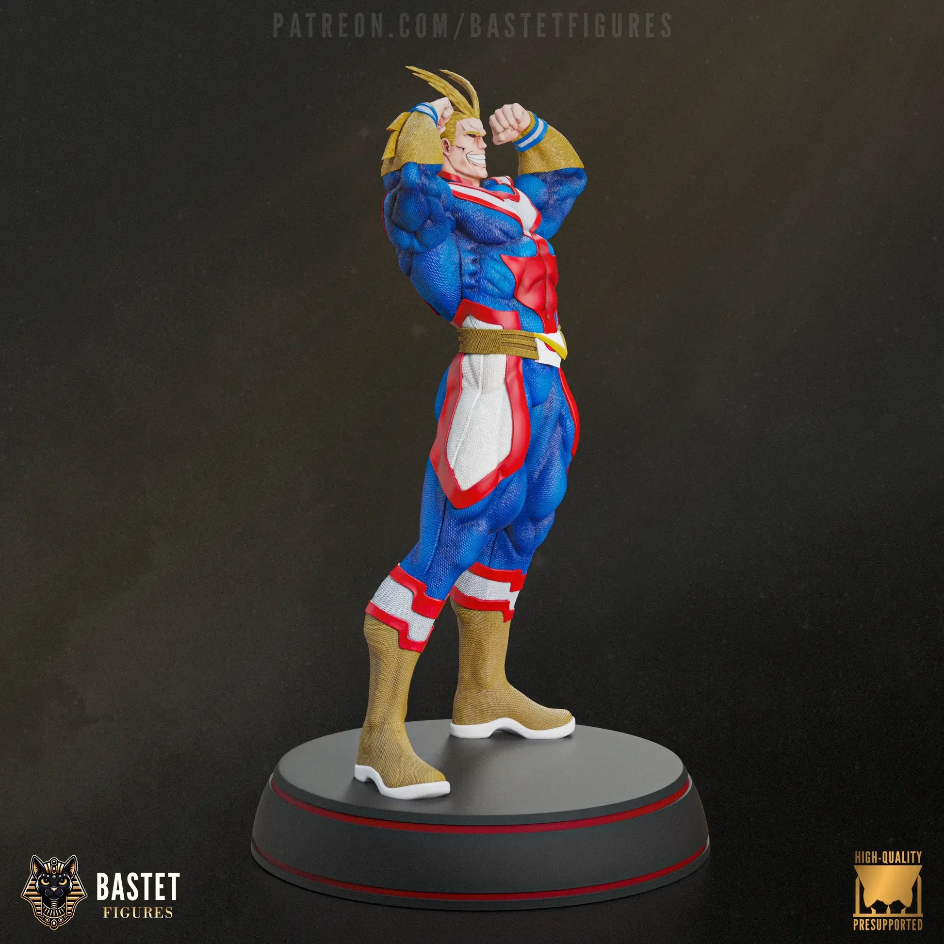 Angled side view of full color All Might statue showing detailed muscle sculpt and costume
