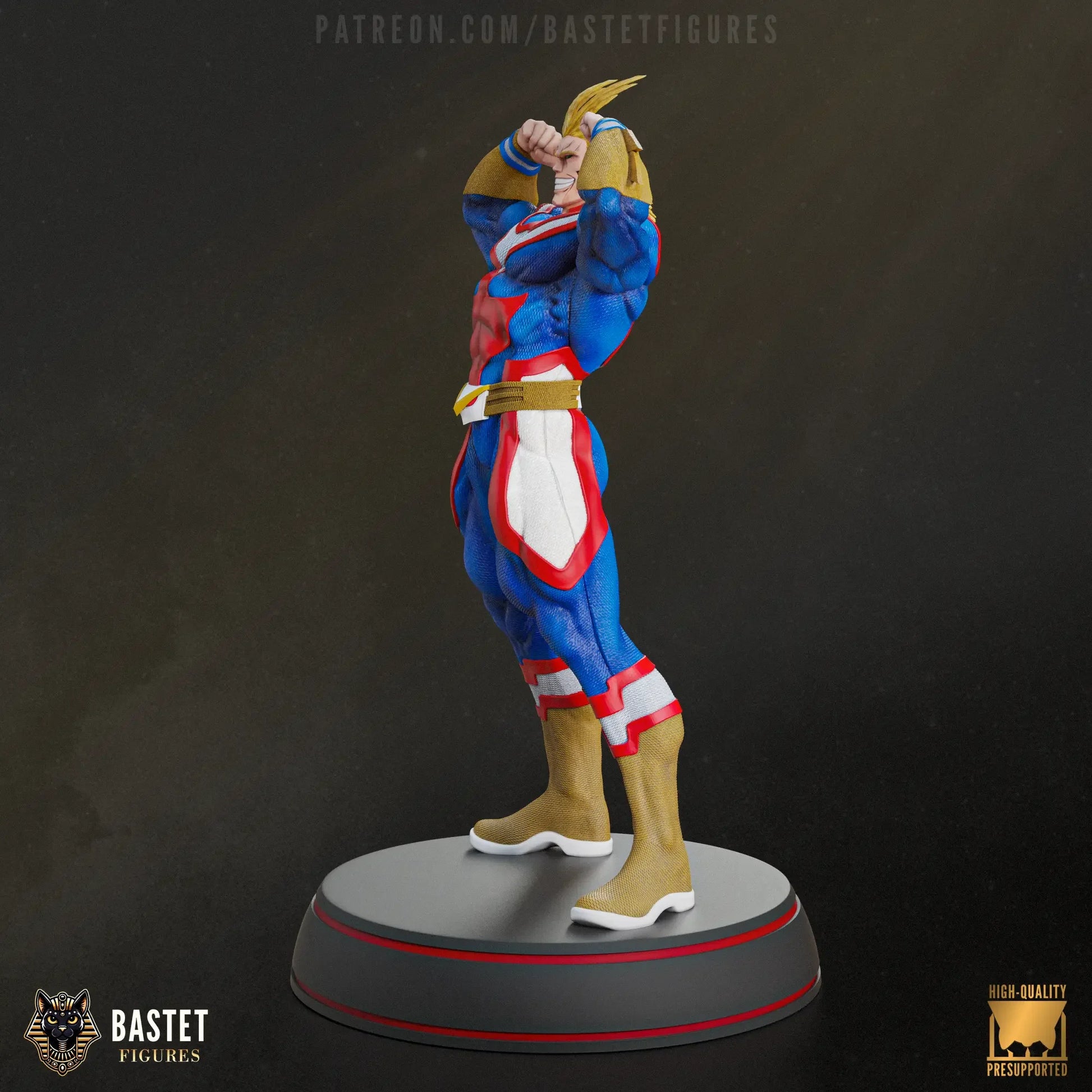 Side profile of All Might flexing arms, displaying muscular build and costume texture