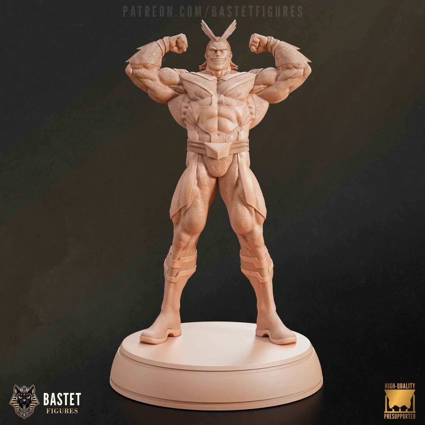 Unpainted clay render of All Might 3D statue in iconic power pose on display base