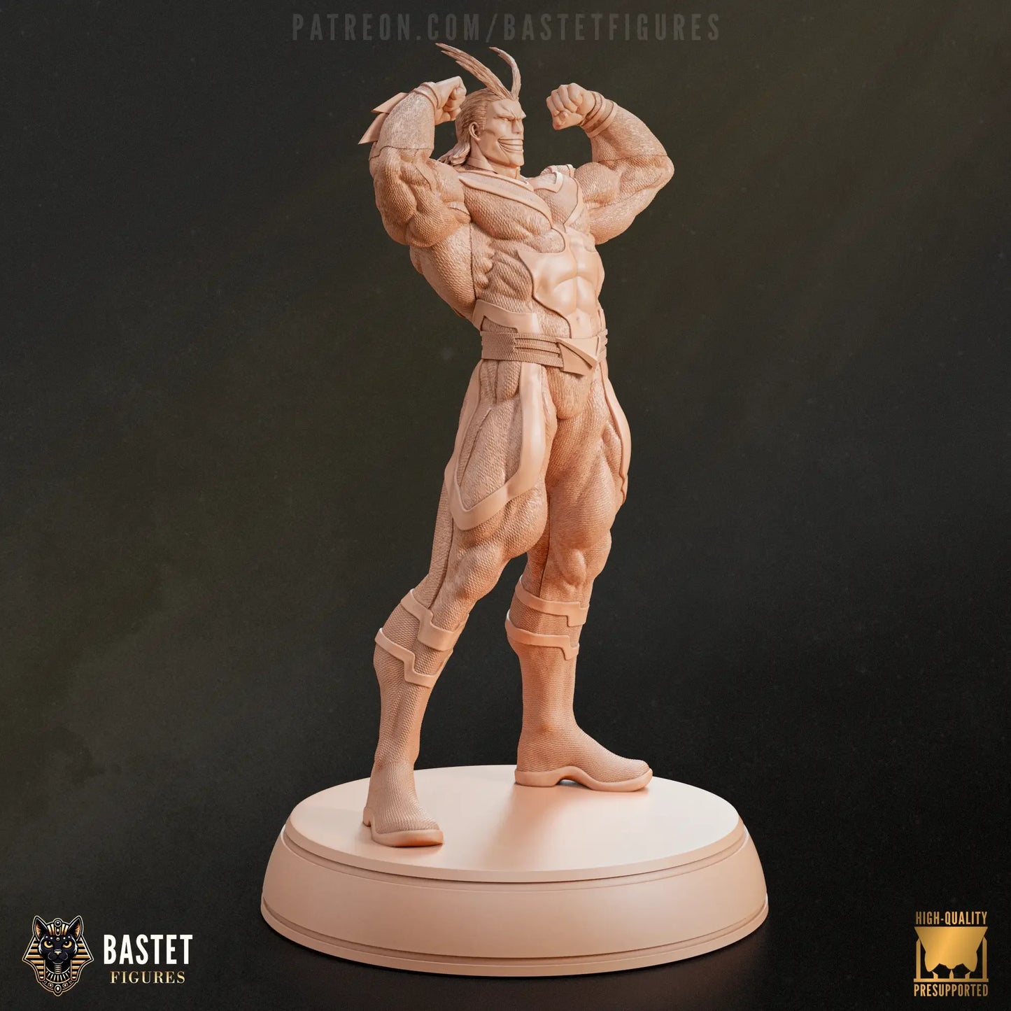 Side view of unpainted All Might 3D print showcasing sculpted details and dynamic anatomy