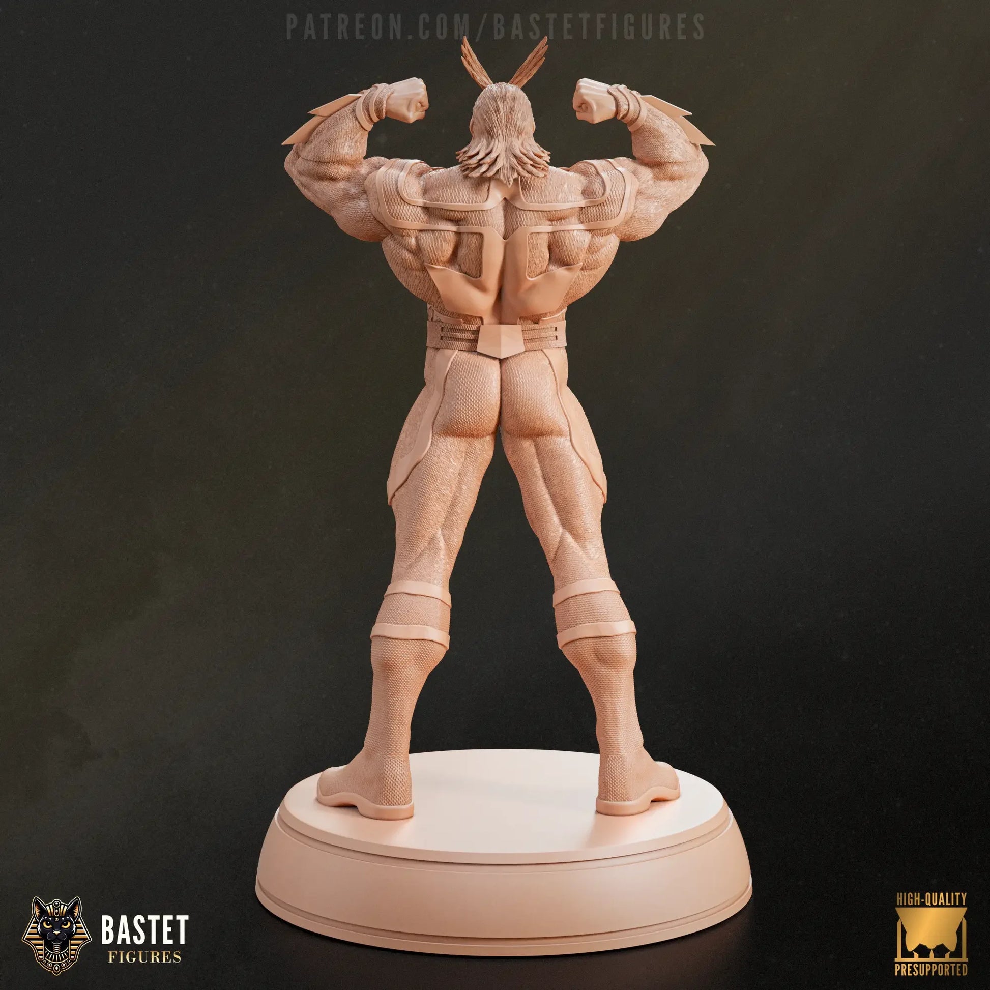 Angled rear view of clay All Might model displaying muscular back and base