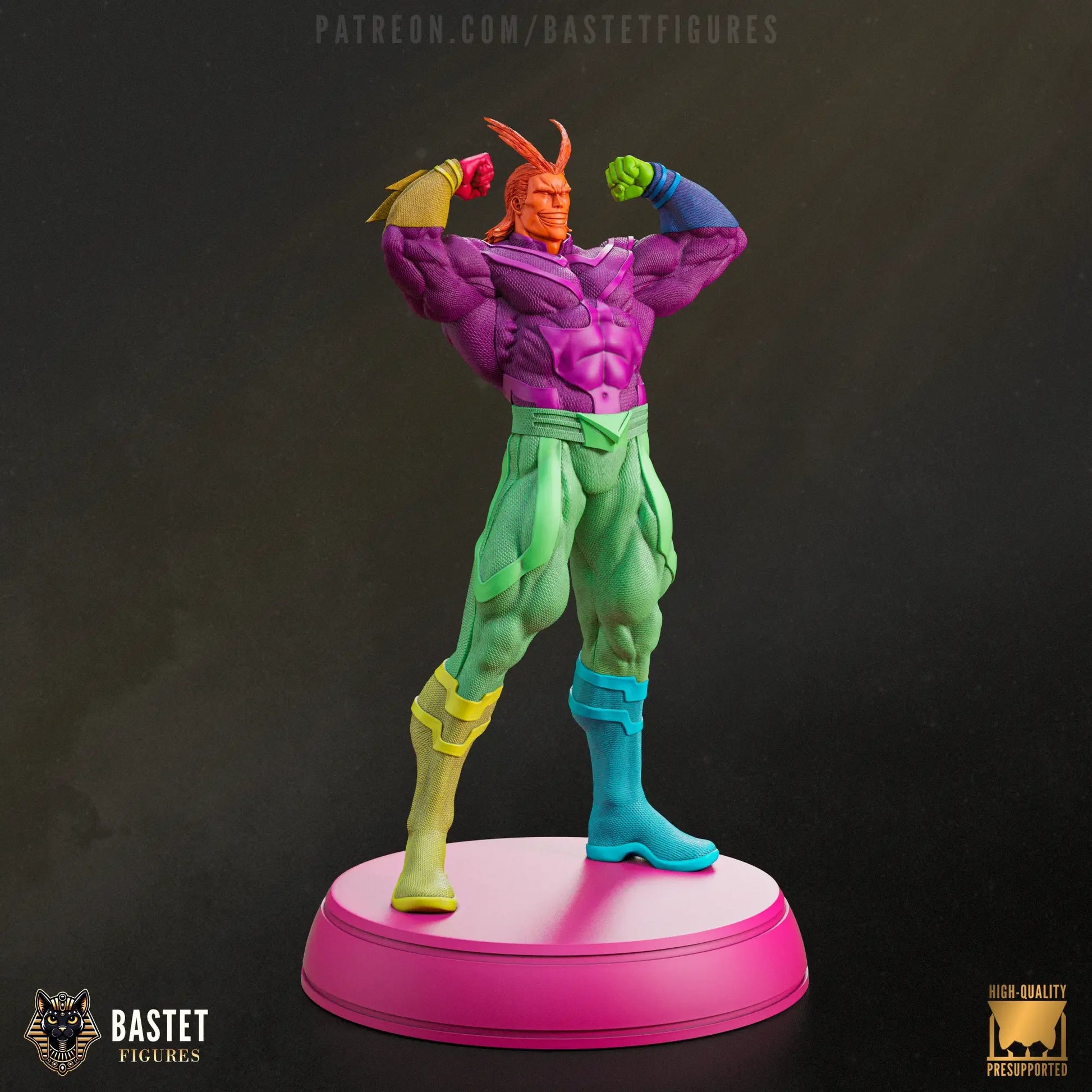 Assembled view showing separate parts of All Might 3D model for assembly or printing