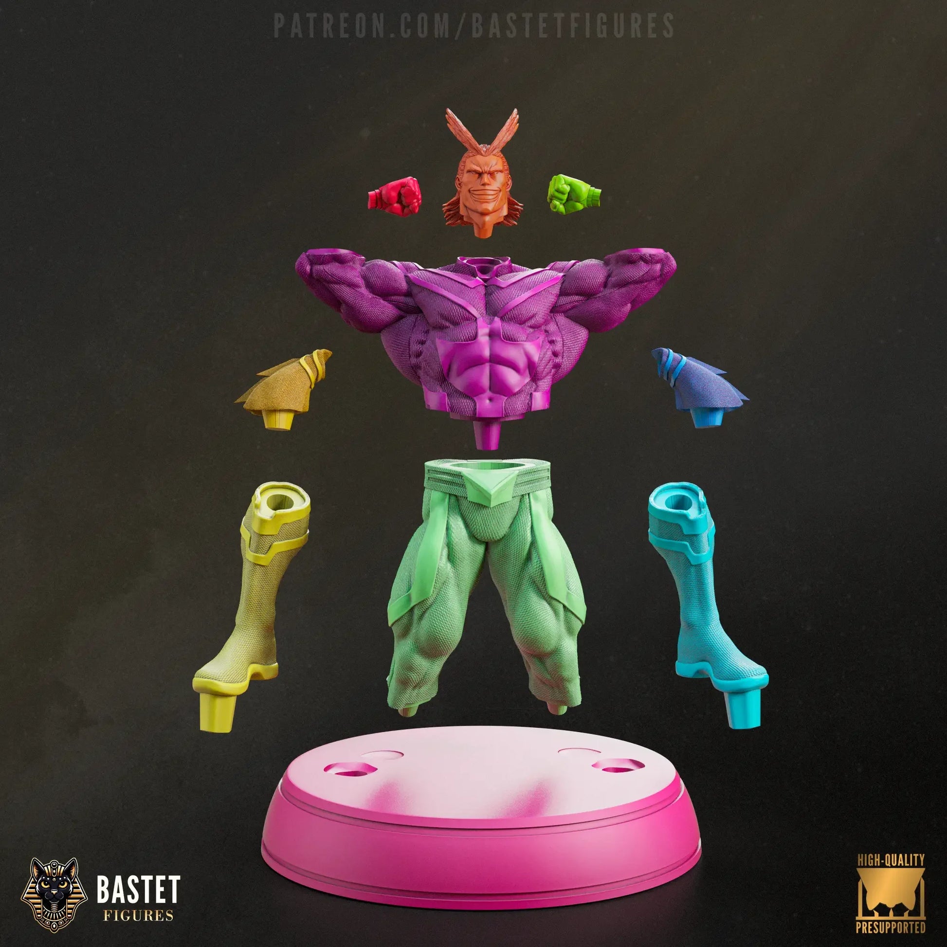 Exploded view showing separate parts of All Might 3D model prepared for assembly or printing