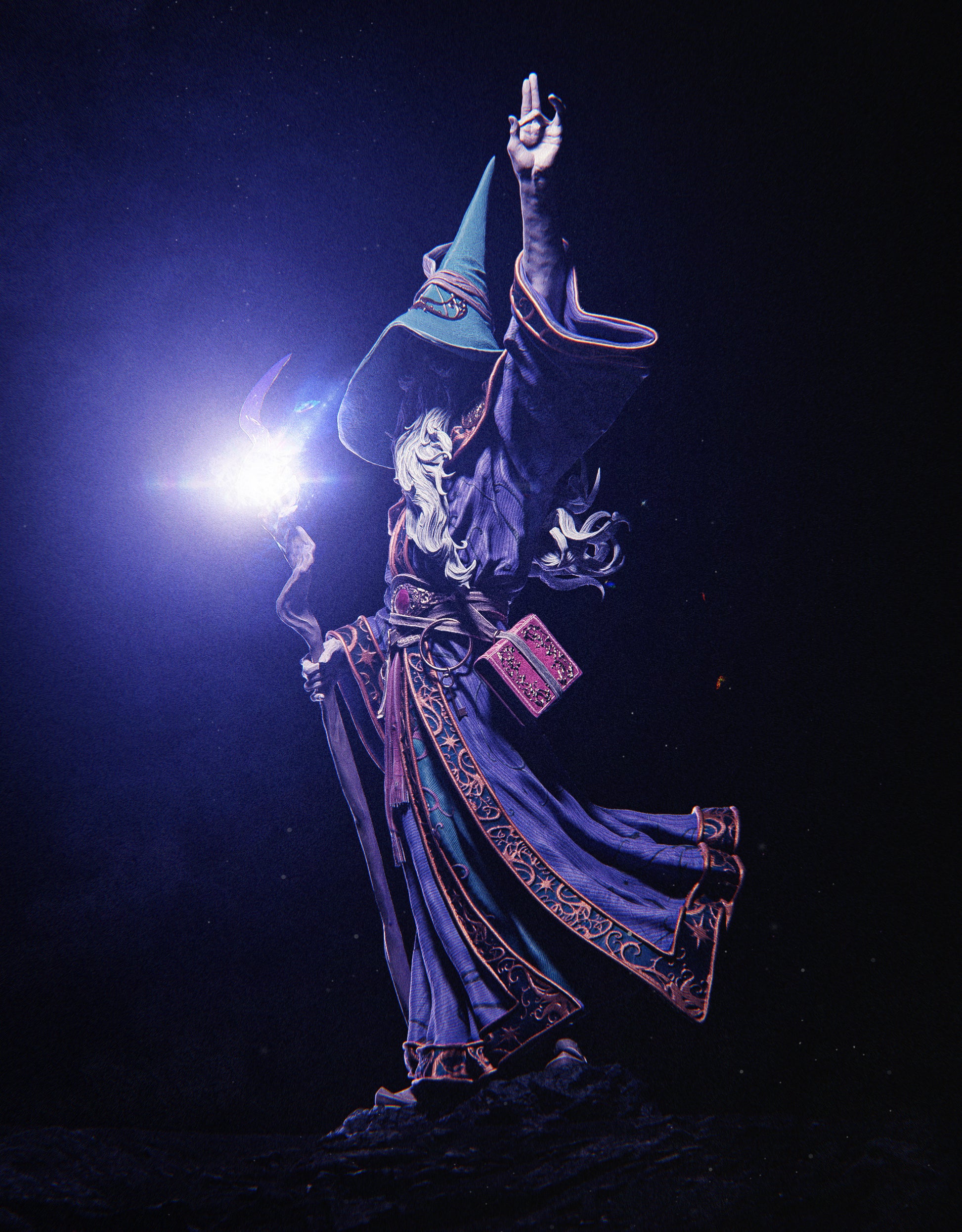 Statue of a wizard in a dark outfit with a glowing blue hat against a dark background