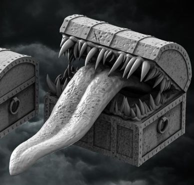 Chest Mimic resin miniature with monstrous chest head, long tongue, scenic base of weapons and skulls – fantasy monster figure for D&D and TTRPGs – D&K Custom Prints