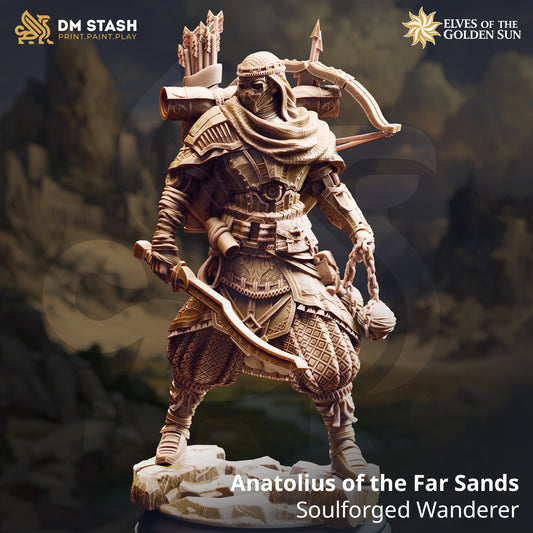 Anatolius of the Far Sands Soulforged Wanderer miniature by DM Stash, unpainted grey resin automaton figure in 32mm and 75mm scale.