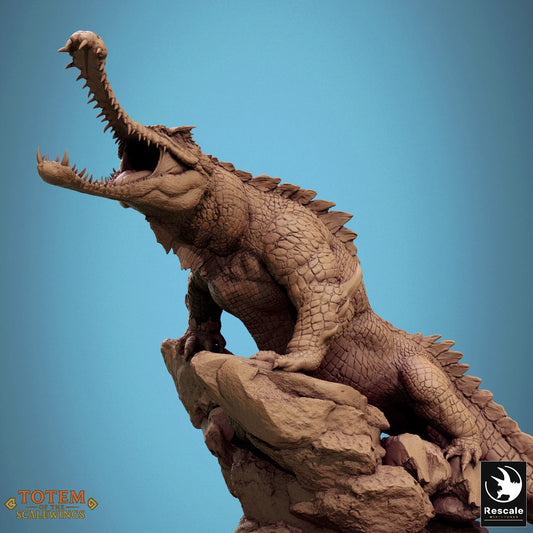 Ancient alligator roaring on rock ledge miniature