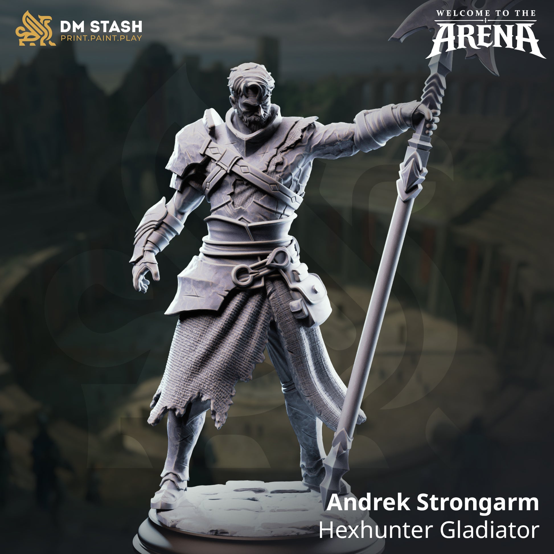 Andrek Strongarm, a male human gladiator miniature from DM Stash, wielding a polearm and wearing scarred plate armor, shown as a 3D resin print render on an arena stone base.