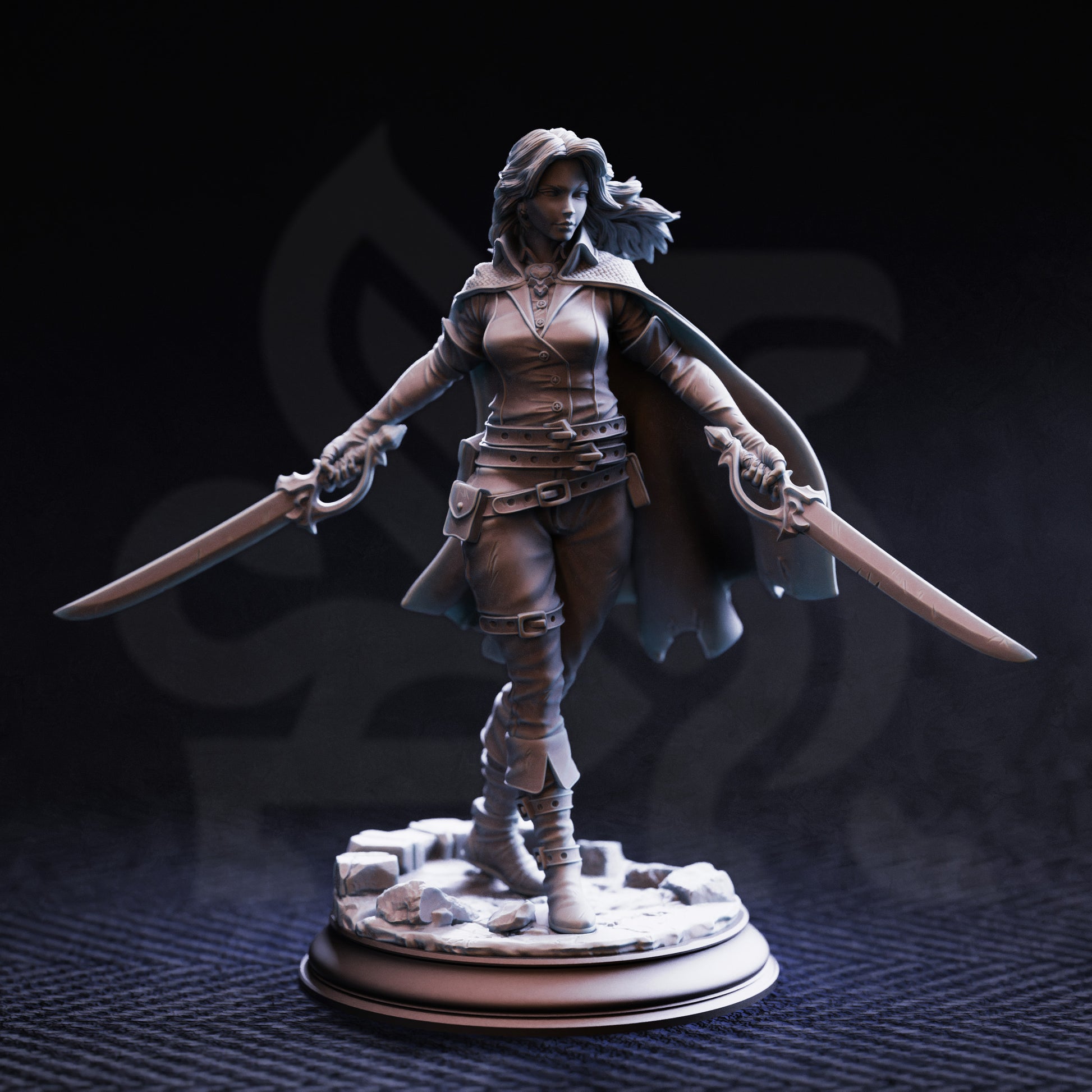 Statue of a warrior holding two swords on a dark background