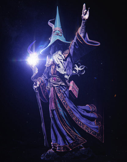 Fantasy character in a long robe and pointed hat holding a glowing staff against a dark background