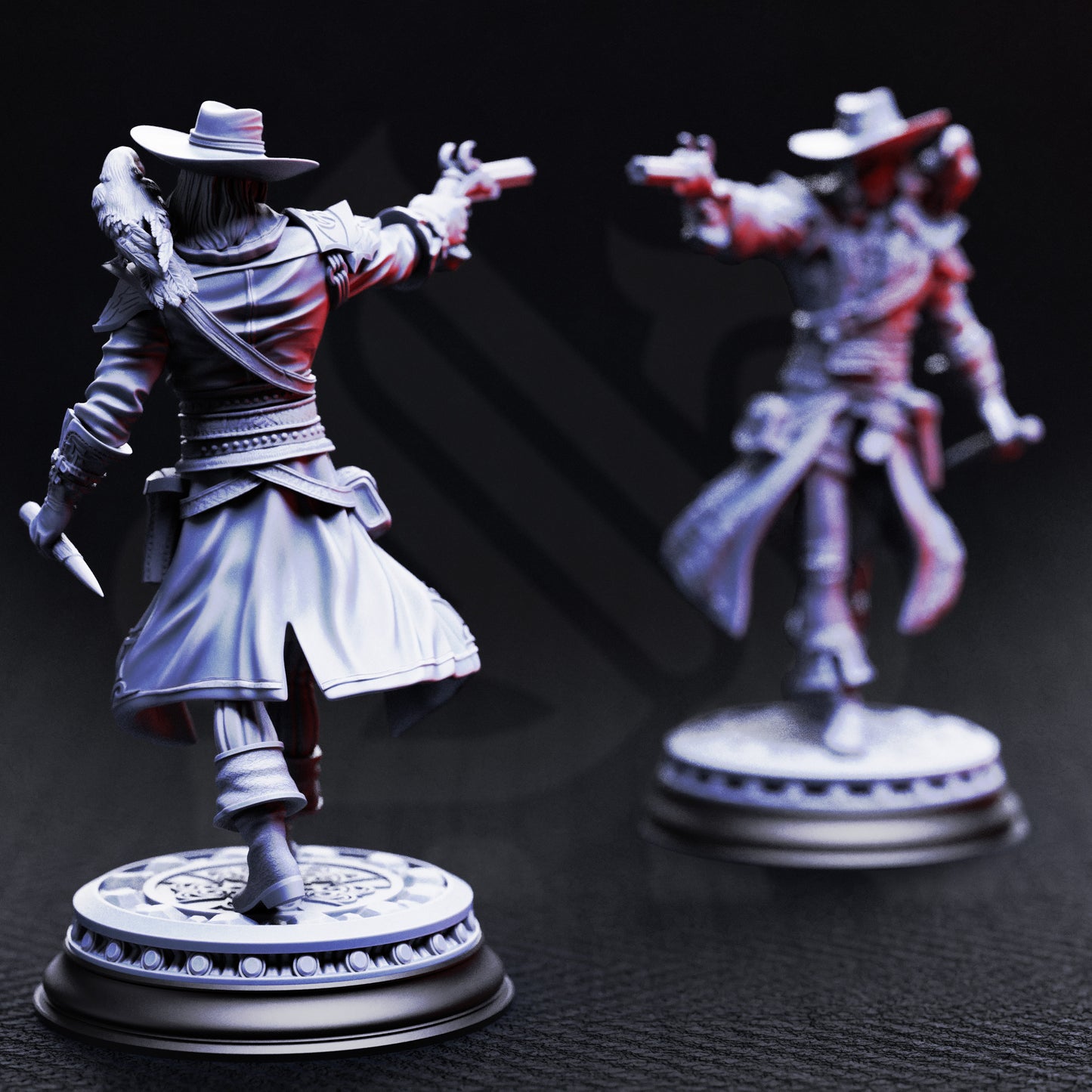 Arkham Ravenswood resin miniature, gothic gunslinger and hunter of the defiled, armed with pistol, dagger, and raven for TTRPG and fantasy display.