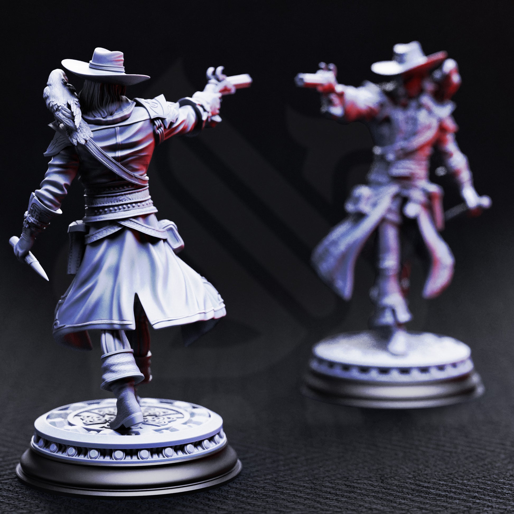 Arkham Ravenswood resin miniature, gothic gunslinger and hunter of the defiled, armed with pistol, dagger, and raven for TTRPG and fantasy display.