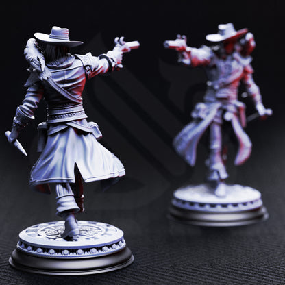 Arkham Ravenswood resin miniature, gothic gunslinger and hunter of the defiled, armed with pistol, dagger, and raven for TTRPG and fantasy display.