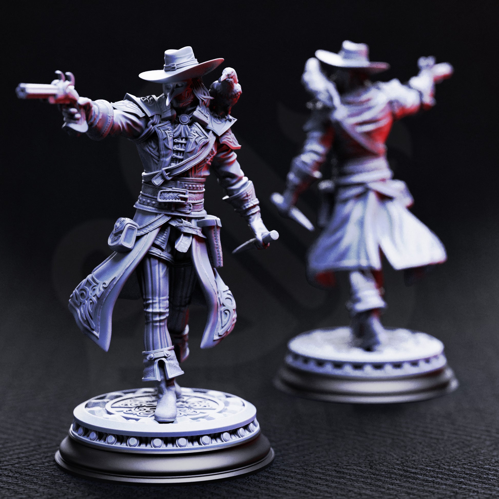 Arkham Ravenswood resin miniature, gothic gunslinger and hunter of the defiled, armed with pistol, dagger, and raven for TTRPG and fantasy display.