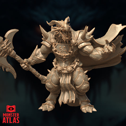 Full frontal view of Arkhan the Cruel dragonborn miniature showing heavy armor and the Hand of Vecna.