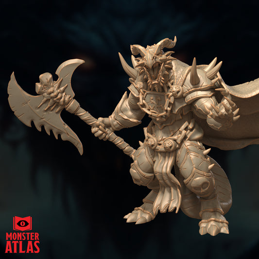 Action angle of Arkhan the Cruel paladin miniature highlighting the shield and cape detail.