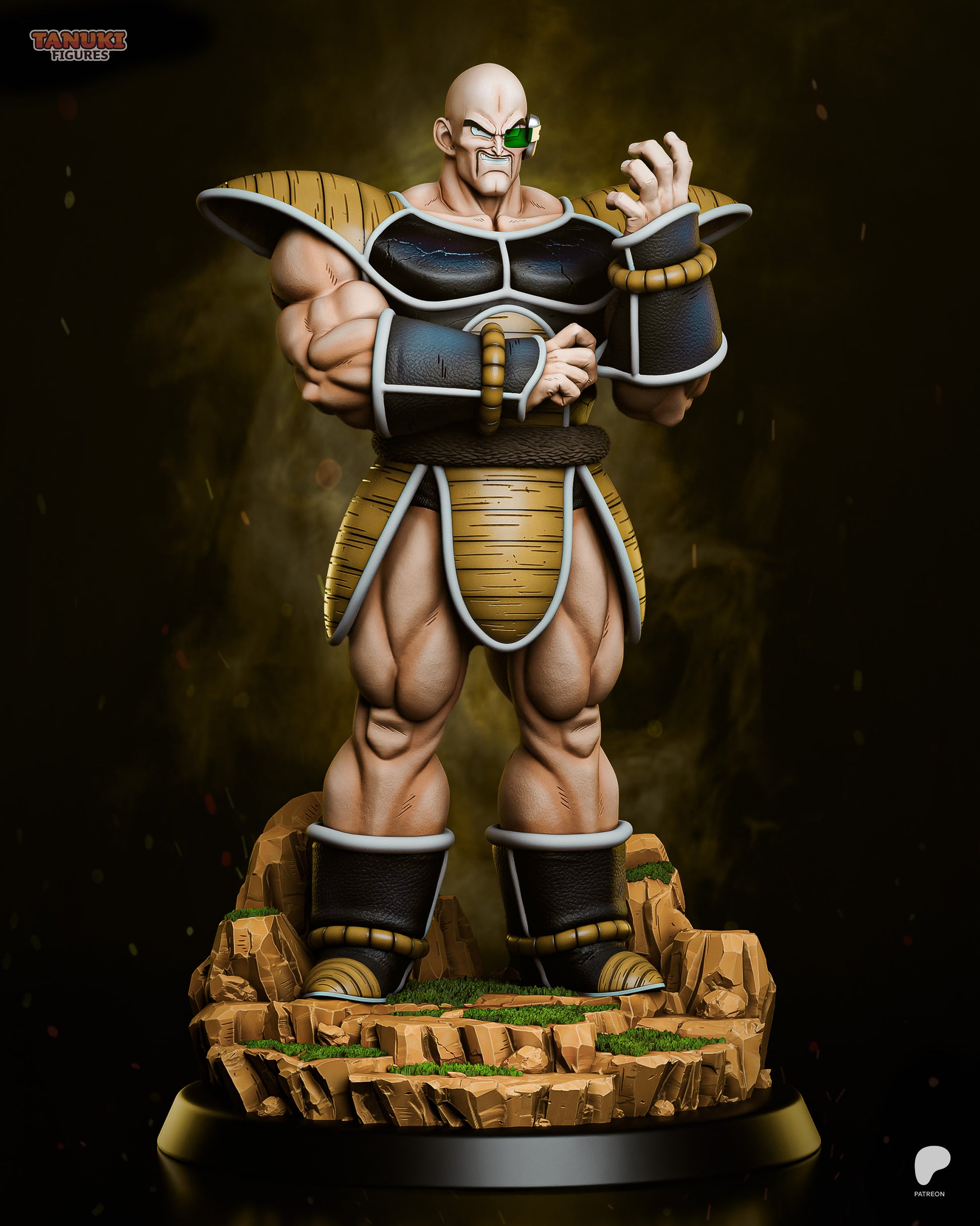 Armored warlord statue and bust with muscular humanoid figure designed for display