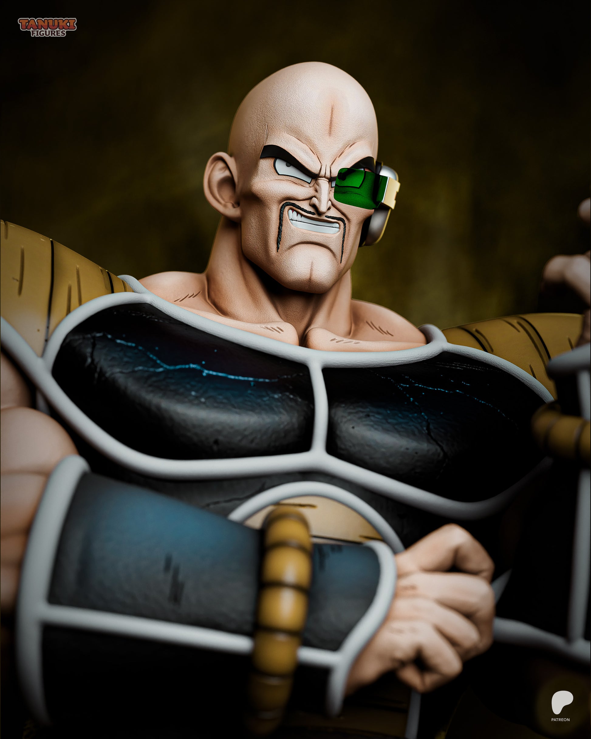 Armored warlord statue and bust with muscular humanoid figure designed for display