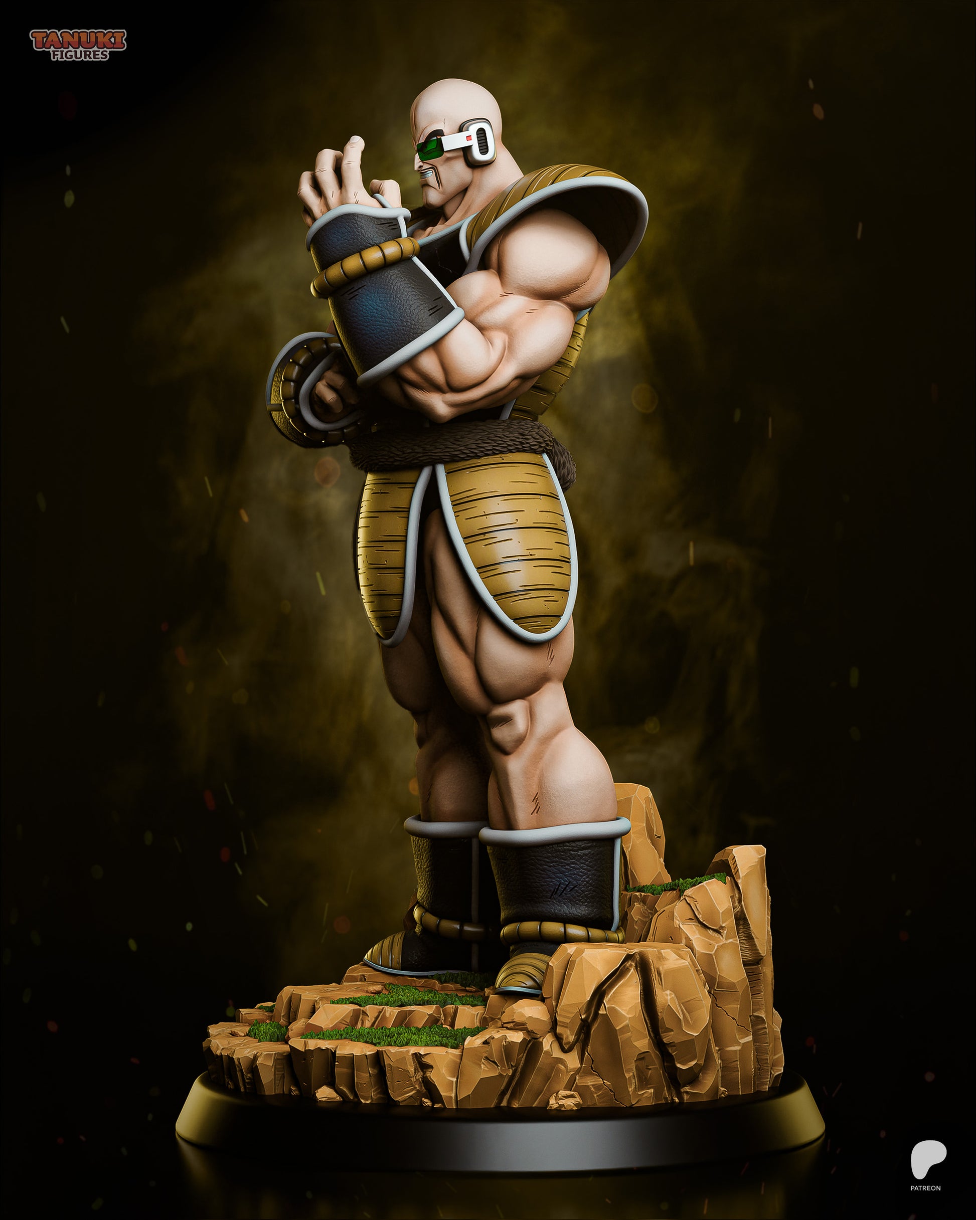 Armored warlord statue and bust with muscular humanoid figure designed for display