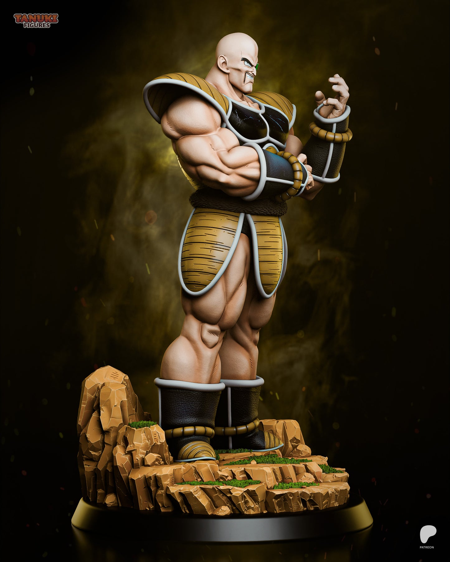 Armored warlord statue and bust with muscular humanoid figure designed for display