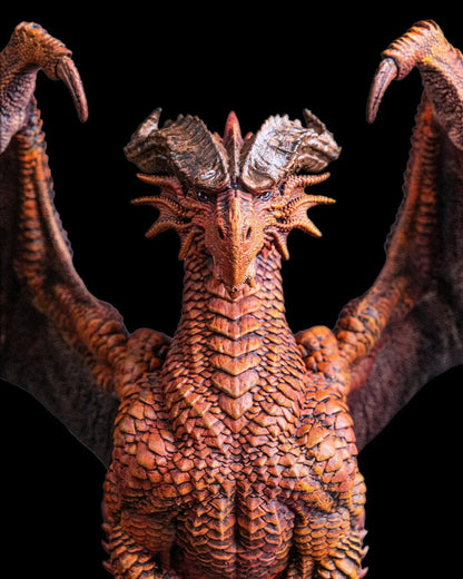 Close-up of Arnya the Ember Wing’s horned dragon head with detailed scales and fiery colors