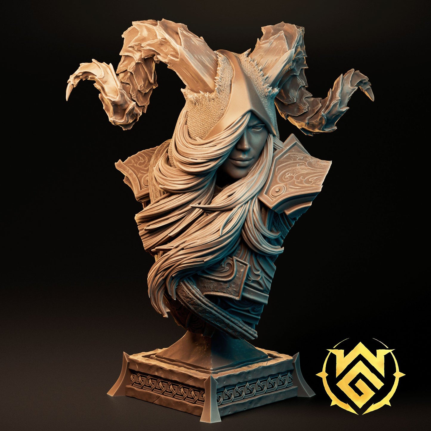 100mm display resin bust of the Arrow-Wright by The Witchguild featuring massive textured horns and a hooded face.