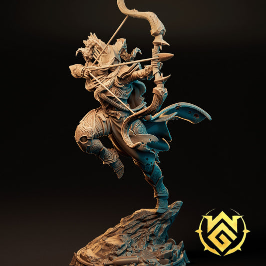 Arrow-Wright resin miniature by The Witchguild showing a horned archer leaping from a rock mid-shot on a 1x1 or 4x4 base.